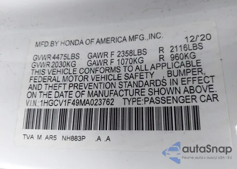 2021 Honda Accord Sport Special Edition from USA, damaged, VIN 1HGCV1F49MA023762